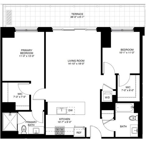 Floor plan for 2 beds, 2 baths, 1133 sqft